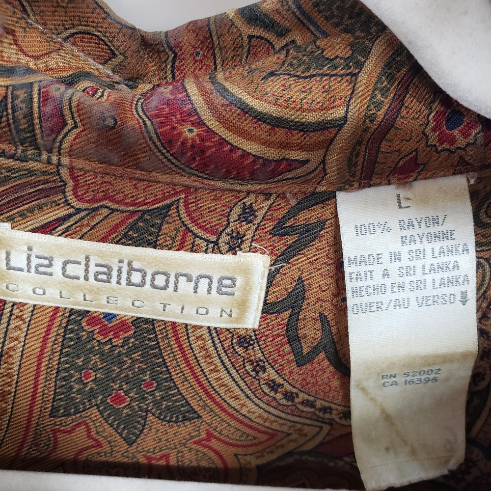 Vintage 90s Liz Claiborne Paisley Button Up Blouse Women L Brown Long Sleeve Top - Picture 7 of 7